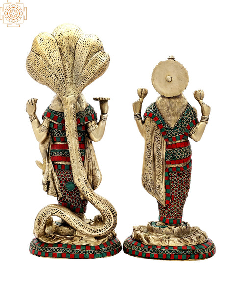 18" Lord Vishnu and Lakshmi Ji Inlay Work Brass Statue | Handmade