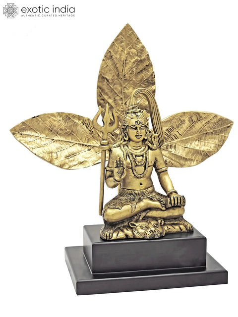 11” Brass Mahadev Shiva Idol in Ashirwad Mudra Sitting Background of a Bel/ Bilva Leaf