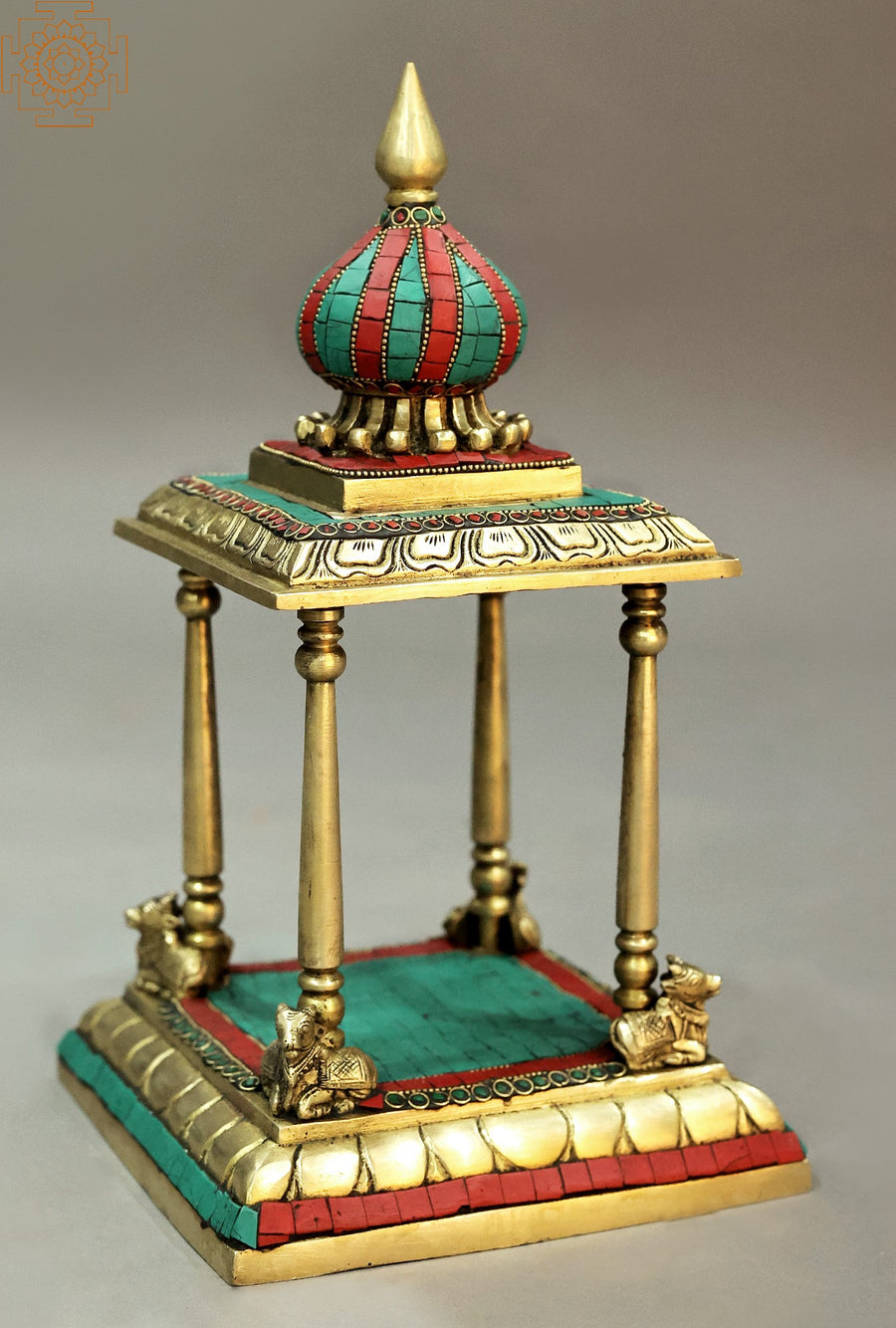 13" Handmade Brass Temple Statue with Colorful Inlay Work