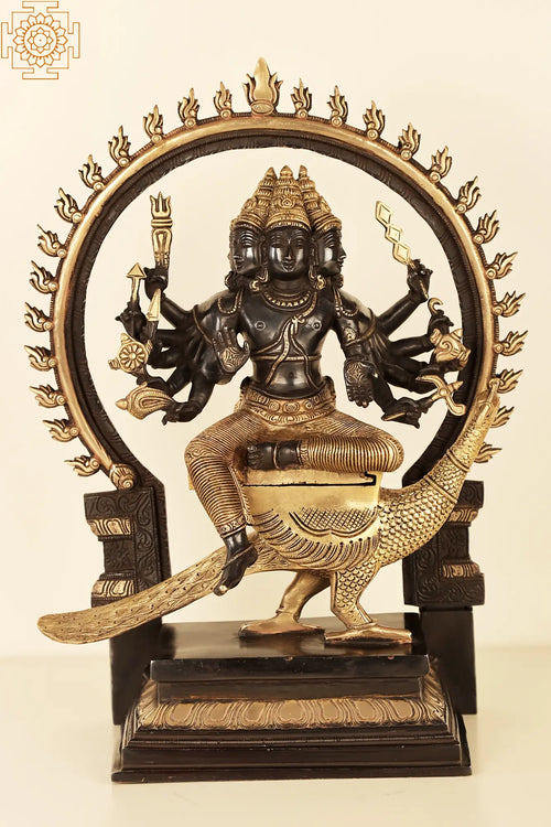 17" Six-Faced Kartikeya Brass Statue Handmade