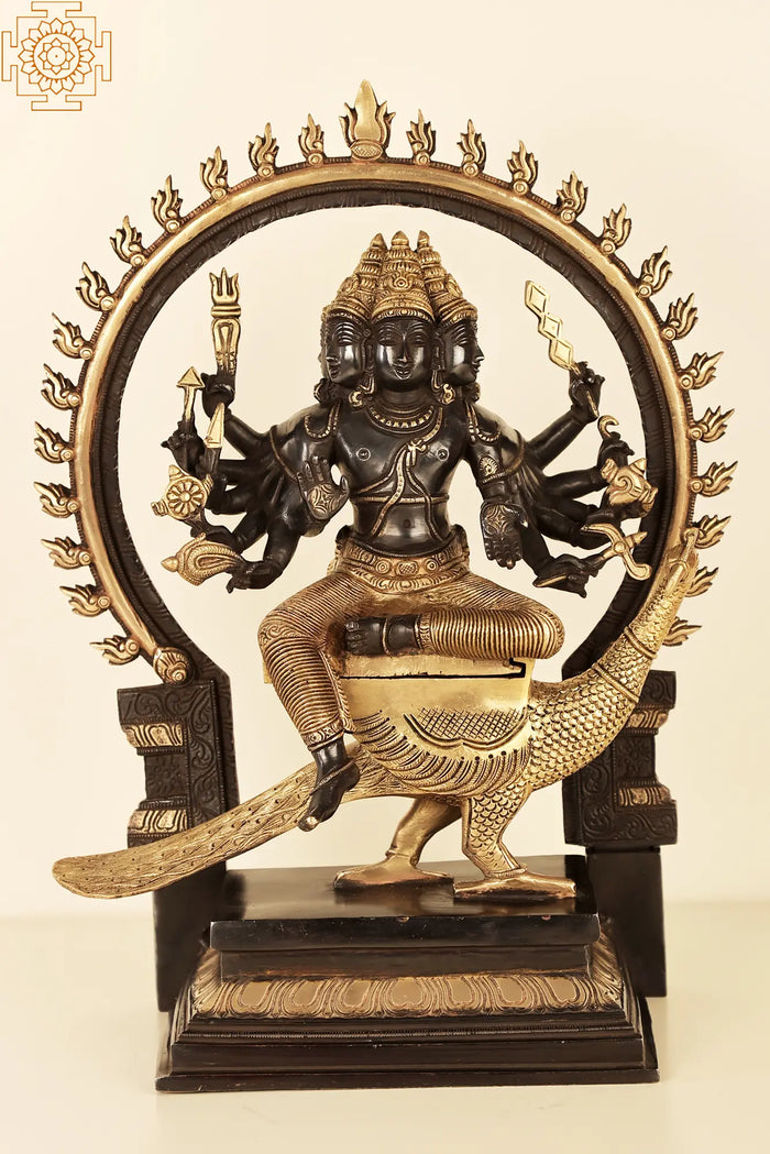 17" Six-Faced Kartikeya Brass Statue Handmade