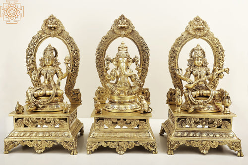 20" Ganesha Lakshmi Saraswati Brass Statue Handmade