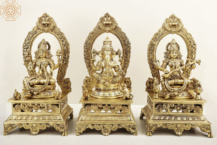 20" Ganesha Lakshmi Saraswati Brass Statue Handmade