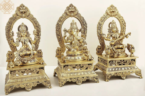 20" Lord Ganesha, Lakshmi and Saraswati | Brass Statue | Handmade | Made In India