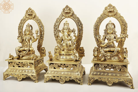 20" Lord Ganesha, Lakshmi and Saraswati | Brass Statue | Handmade | Made In India