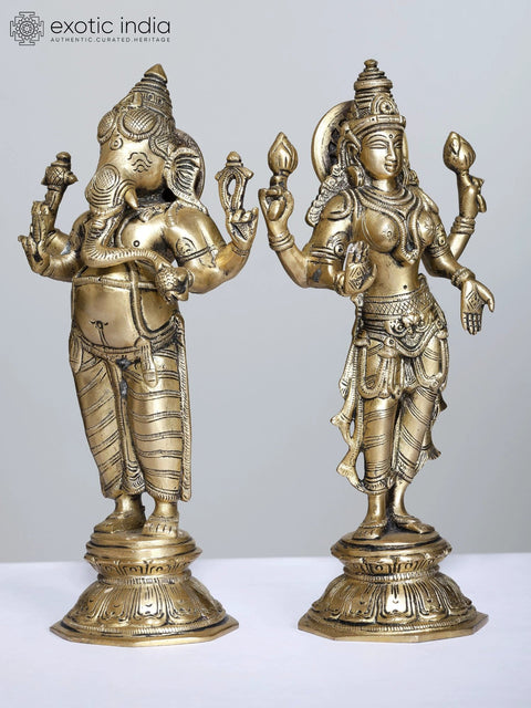 10" Standing Lord Ganesha and Goddess Lakshmi | Brass Ganesh and Lakshmi | Brass Statue | Handmade | Made In India