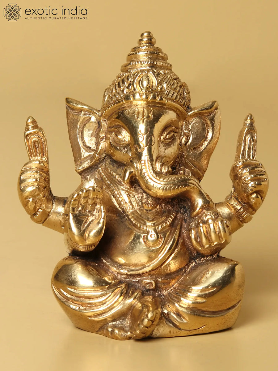 Lord Ganesha Statue in Ashirwad Mudra - Handmade Brass Idol