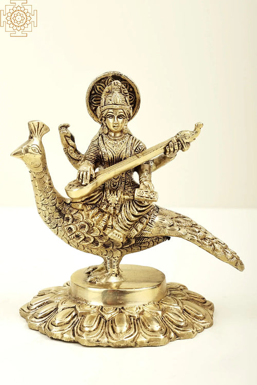 7" Saraswati Seated on Peacock with Veena Brass Idol Handmade