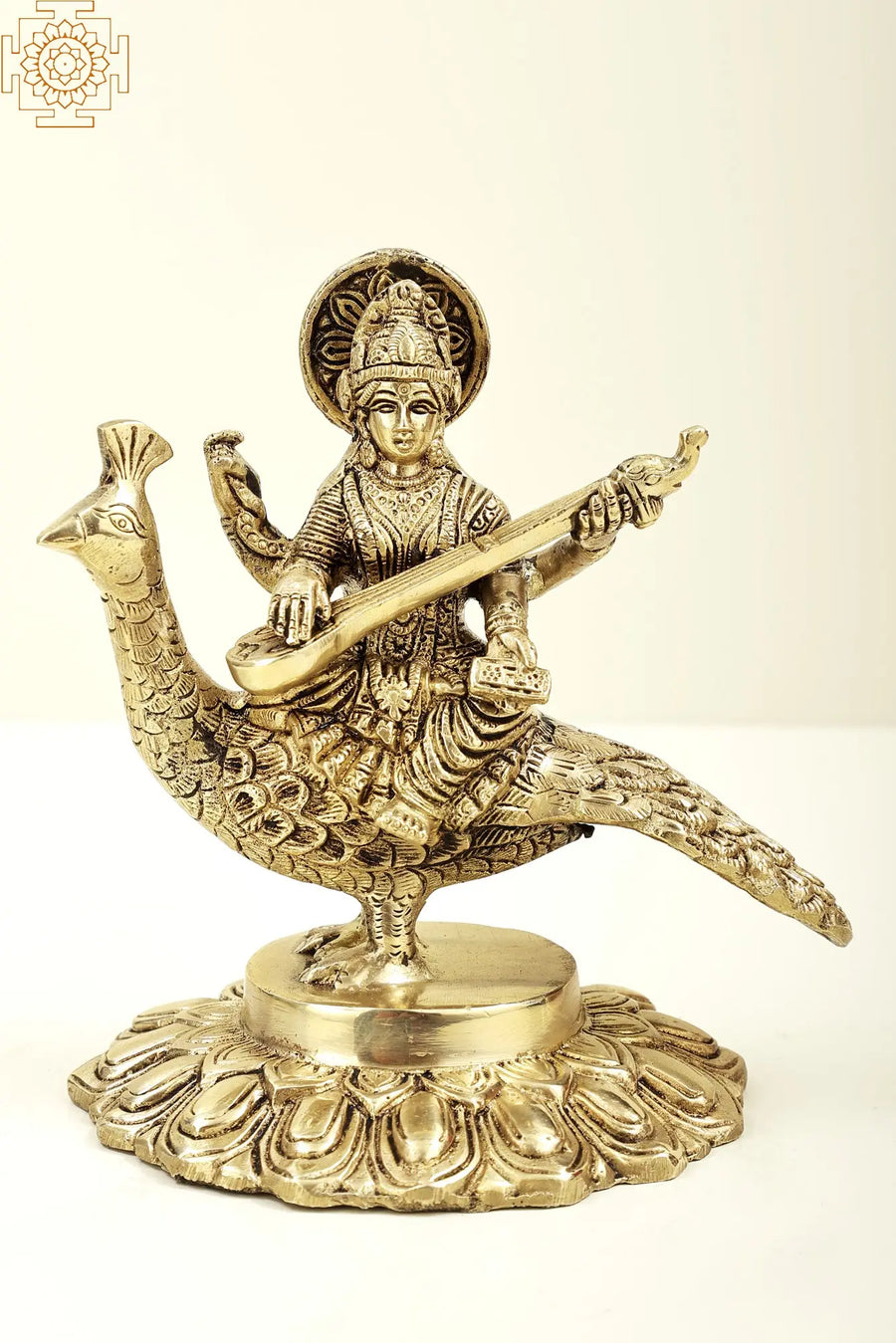 7" Saraswati Seated on Peacock with Veena Brass Idol Handmade