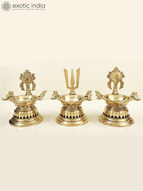 9" Superfine Vaishnava Symbols (Conch, Chakra and Tilak) Wick Lamp | Set of Three Wick Lamp | Brass Lamp | Handmade | Made In India