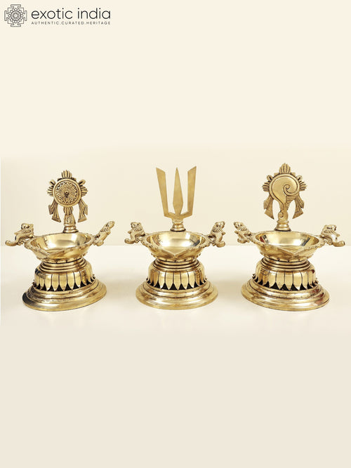 9" Vaishnava Symbols Brass Wick Lamp Set Handmade