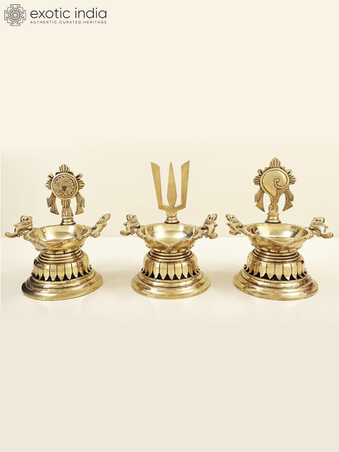 9" Superfine Vaishnava Symbols (Conch, Chakra and Tilak) Wick Lamp | Set of Three Wick Lamp | Brass Lamp | Handmade | Made In India