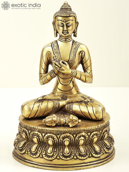 9" Brass Buddha Statue in Dharamachakra Mudra Handcrafted Idol