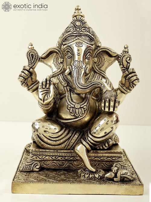 9" Handmade Lord Ganesha Seated Eating Modak Brass Statue