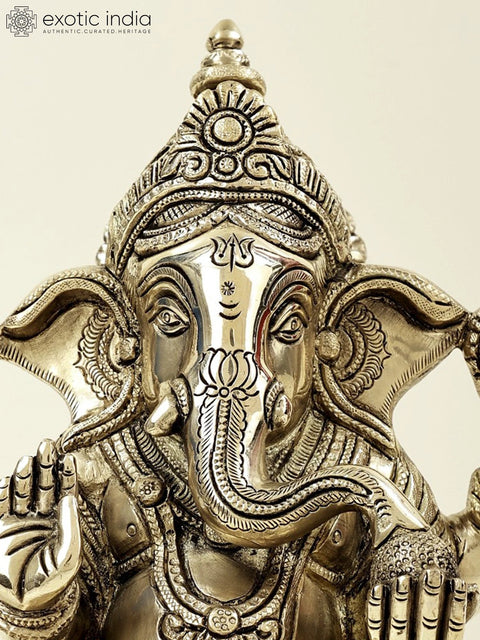 9" Lord Ganesha Seated on Pedestal and Eating Modak | Brass Bhagawan Ganesha | Brass Statue | Handmade | Made In India