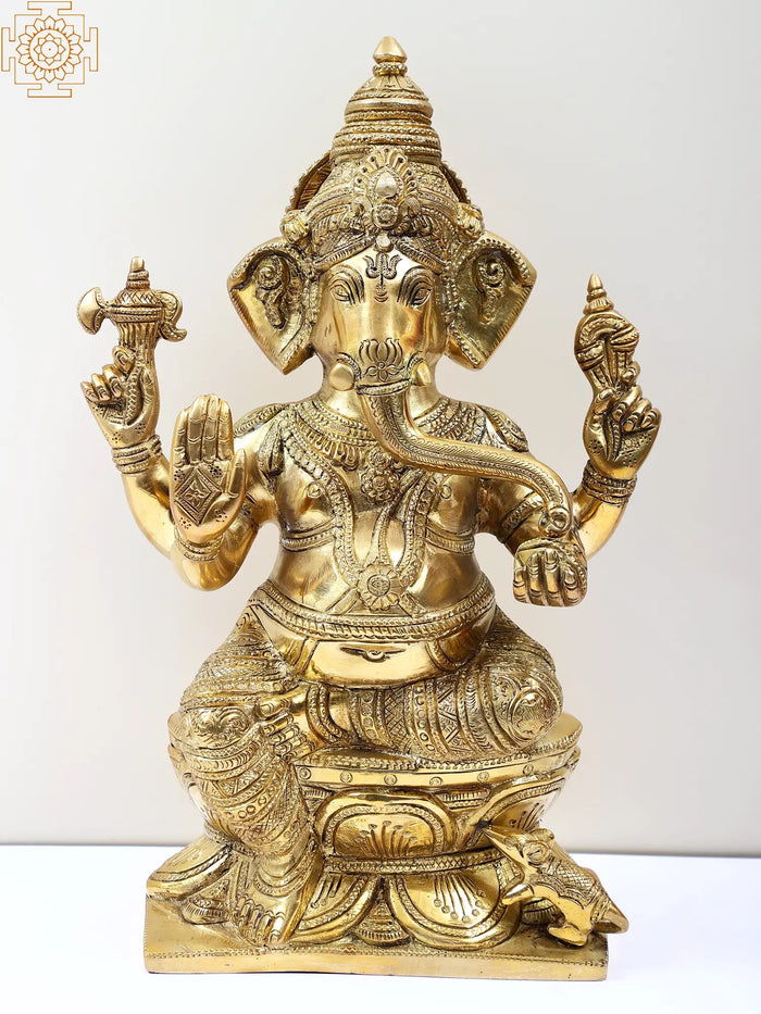 12" Lord Ganesha Seated on Lotus Brass Statue