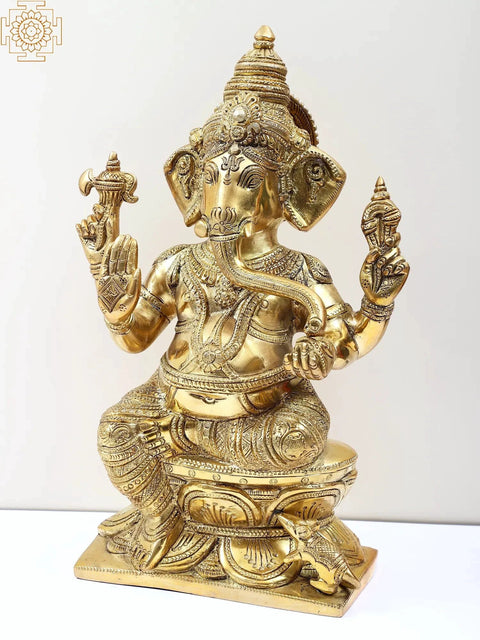12" Lord Ganesha Seated on Lotus | Brass Bhagawan Ganesha