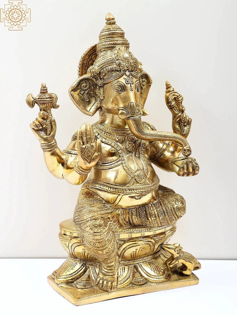 12" Lord Ganesha Seated on Lotus | Brass Bhagawan Ganesha