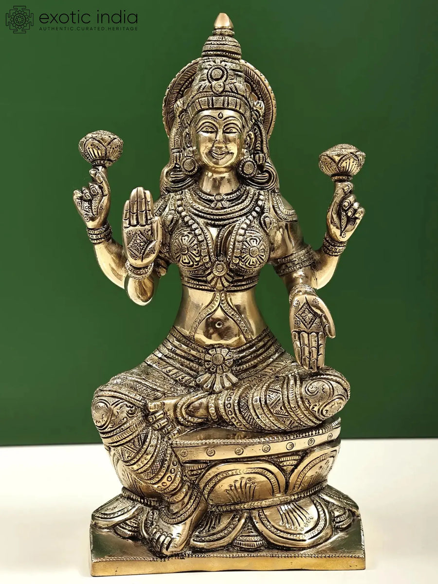 12" Handmade Goddess Lakshmi Seated on Lotus Brass Statue