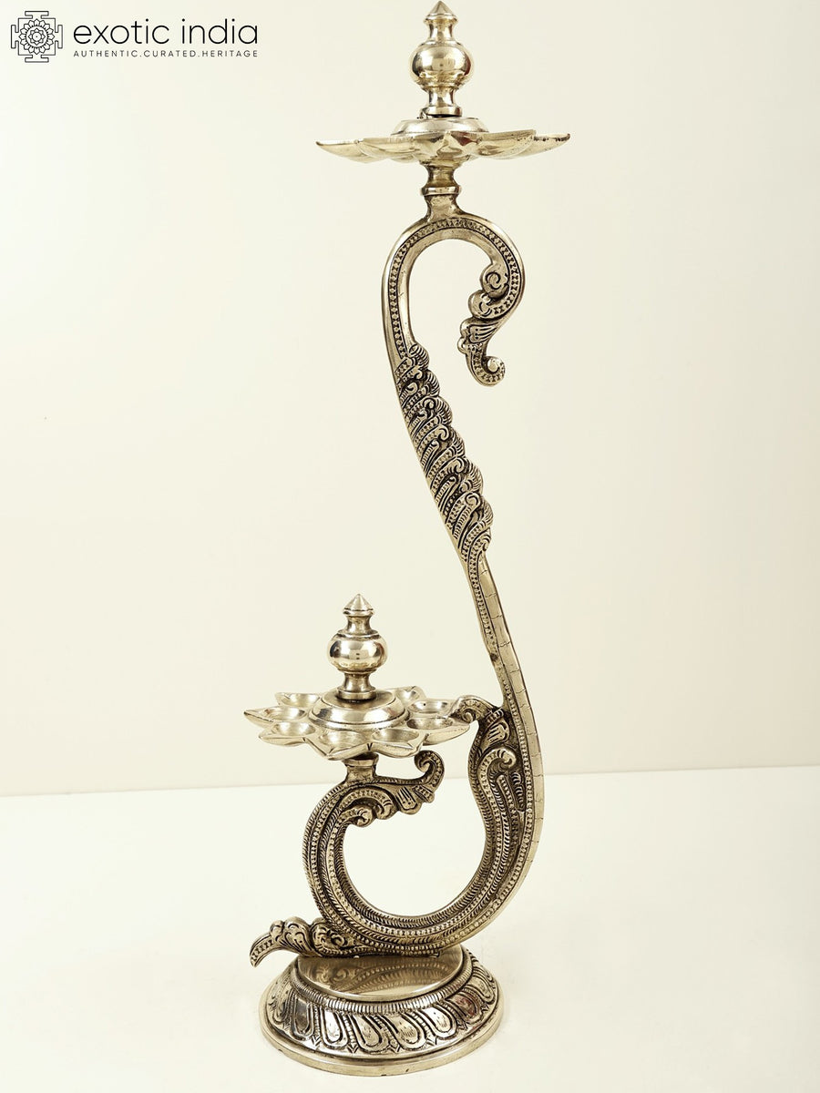 21" Handmade Brass Double Layer Peacock Diya Lamp
