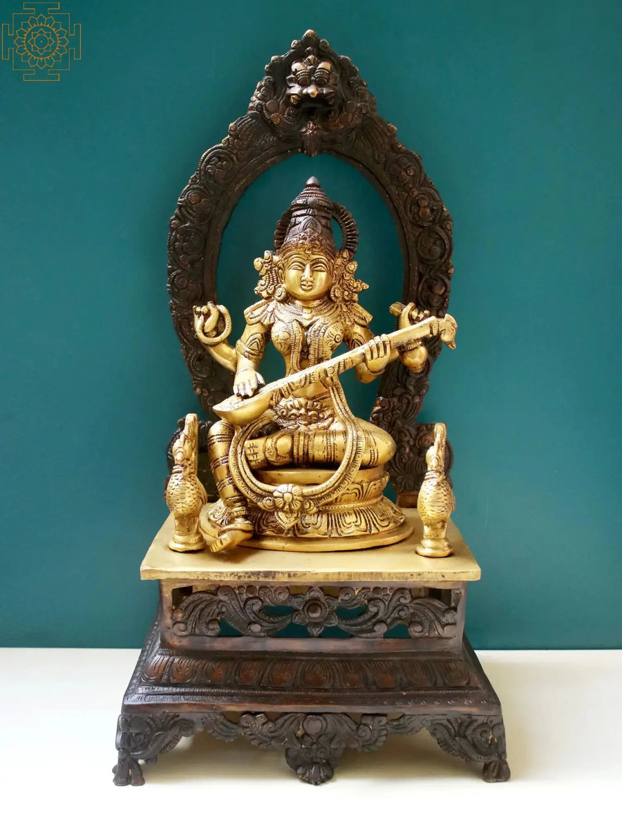20" Handmade Brass Goddess Saraswati with Veena Statue