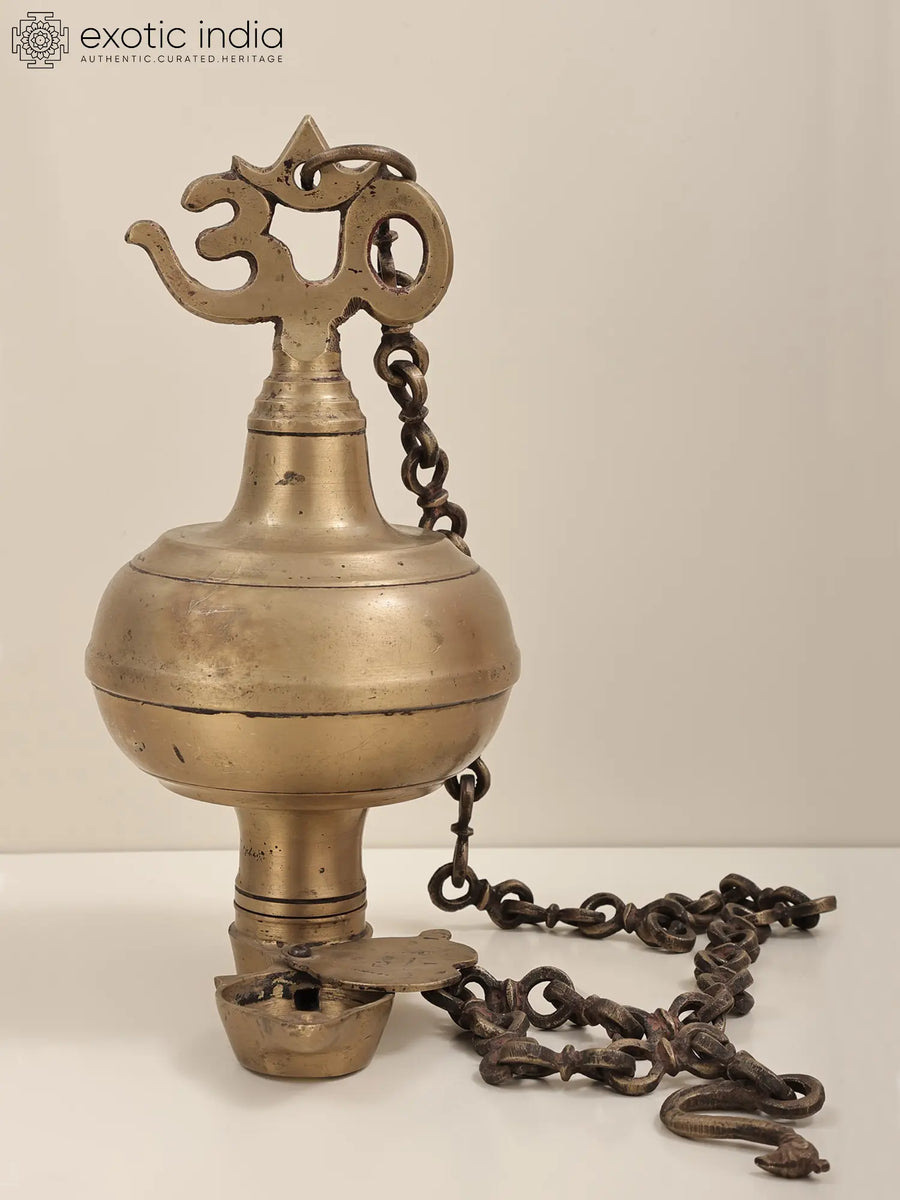 12" Brass Om Hanging Diya Lamp for Pooja - Handmade