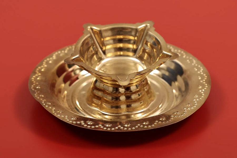 1" Panchamukhi Brass Diya with Plate - Handmade Pooja Oil Lamp