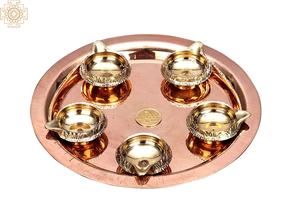 Set of 5 Brass Diya and Round Plate with Sai Baba Coin