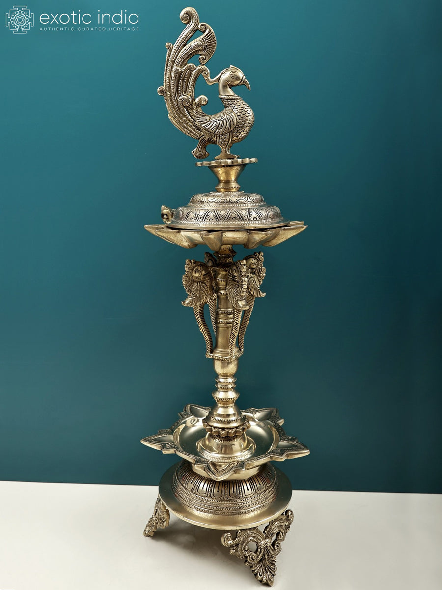 24" Handmade Brass Peacock Annam Lamp with Lead Feet