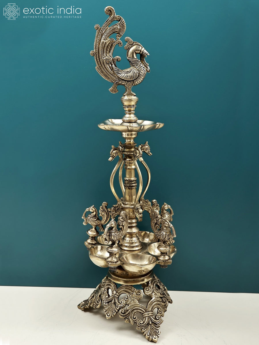23" Handmade Peacock Brass Lamp with Five Wicks