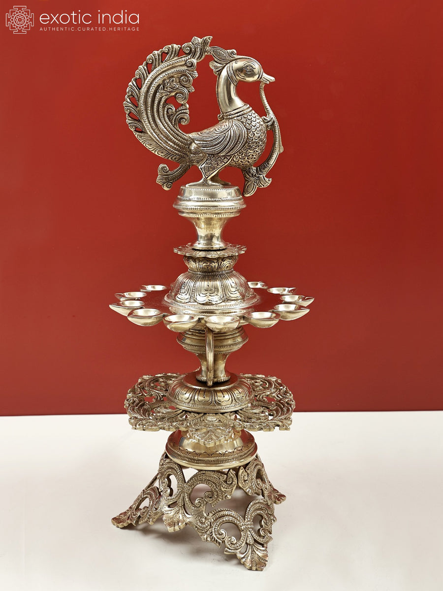 20" Handmade Peacock Embroidery Brass Lamp with 13 Wicks
