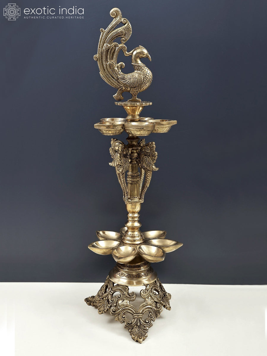 23" Handmade Brass Peacock Oil Lamp with Ten Wicks