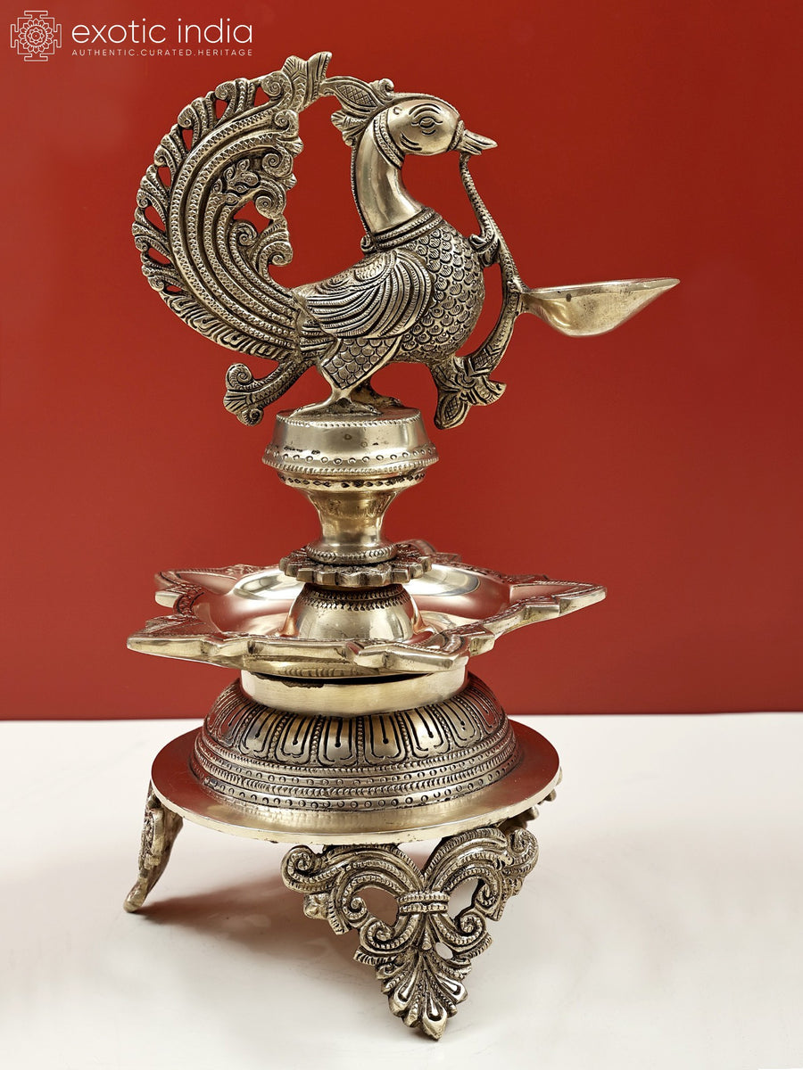 14" Handmade Brass Peacock Oil Lamp with Wicks