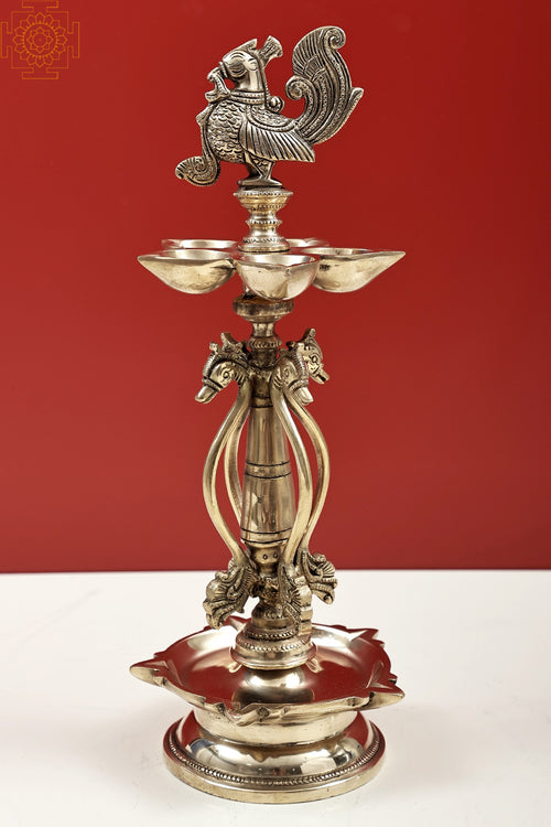 14" Handmade Brass Peacock Oil Lamp with Five Wicks