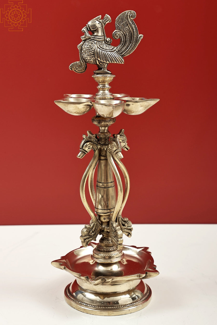 14" Handmade Brass Peacock Oil Lamp with Five Wicks