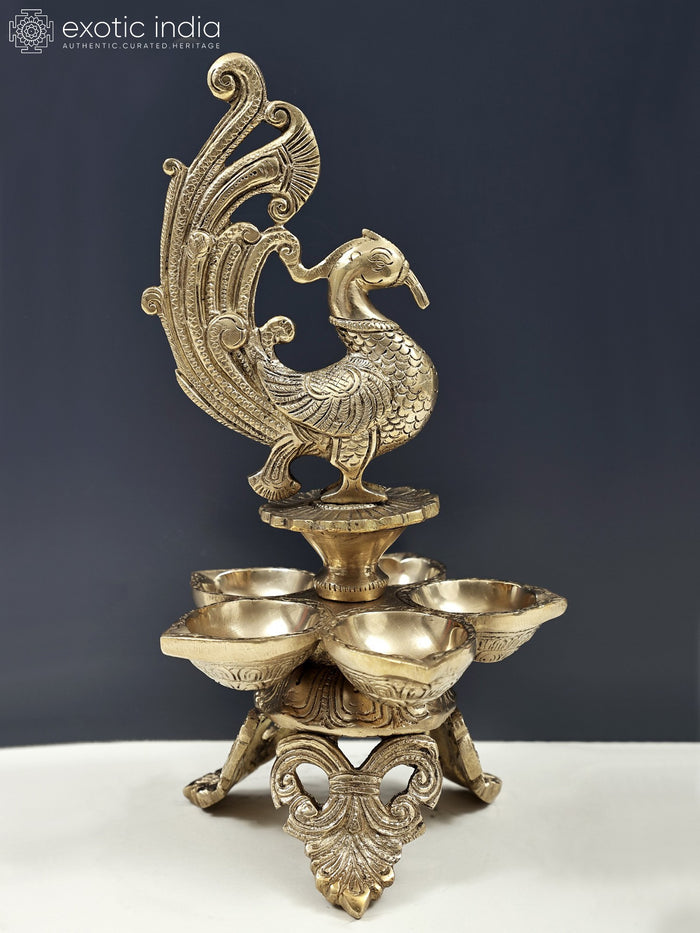 11" Handmade Brass Peacock Lamp with Five Wicks