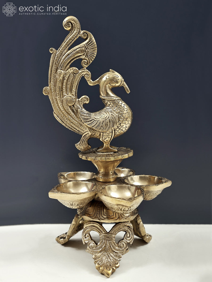 11" Handmade Brass Peacock Lamp with Five Wicks