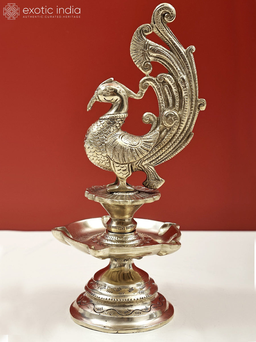 10" Handmade Brass Peacock Five Wick Oil Lamp