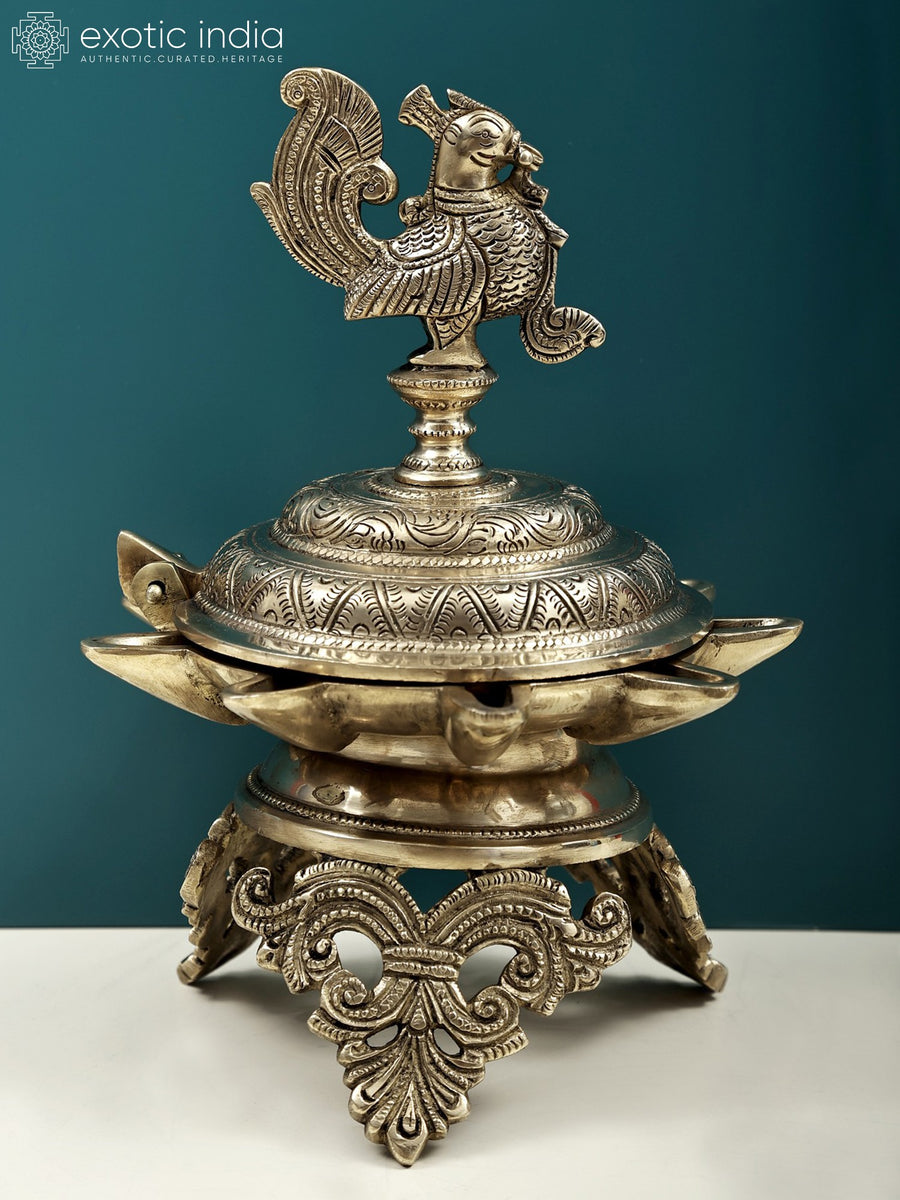 10" Handmade Brass Peacock Lamp with Lid