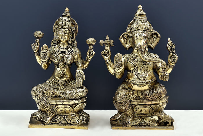 12" Handmade Brass Ganesha and Lakshmi Idol Set