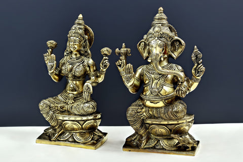 12" Handmade Bhagawan Ganesha with Devi Lakshmi (Pair)
