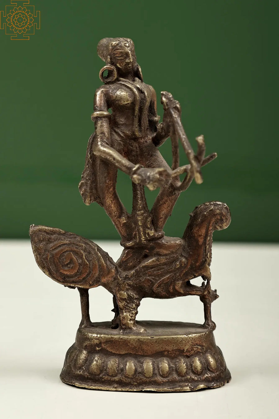 4" Tribal Lady on Makra with Peacock Tail Brass Statue