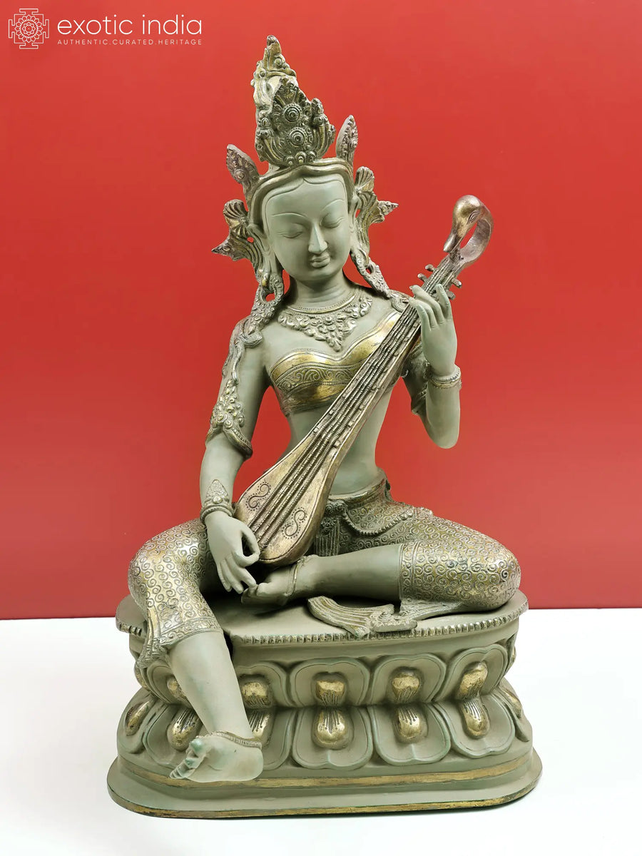 22" Handmade Saraswati Brass Statue Nepalese Form