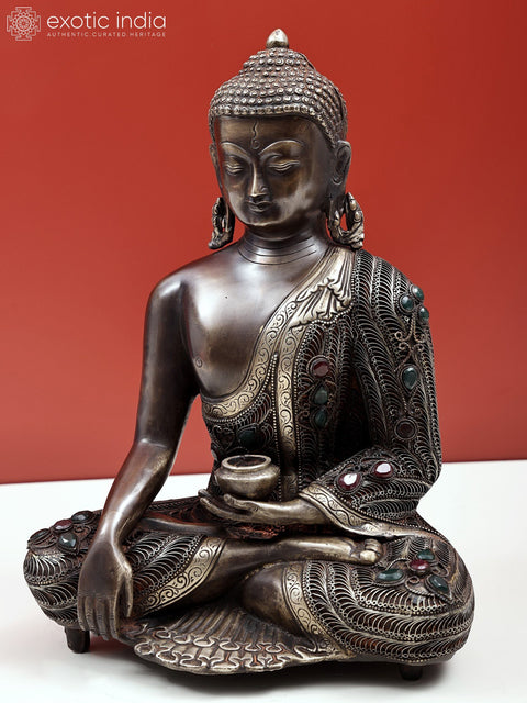 13" Bhumisparsha Buddha with Filigree Work in Brass | Handmade | Made In India