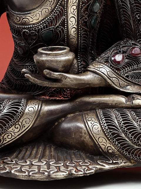 13" Bhumisparsha Buddha with Filigree Work in Brass | Handmade | Made In India