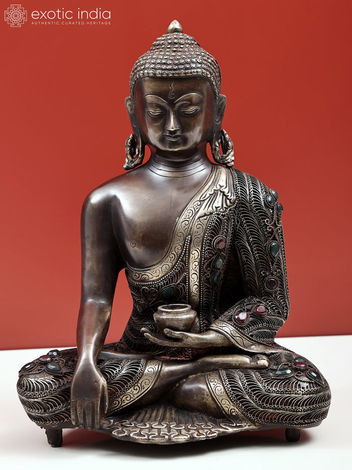 13" Bhumisparsha Buddha Brass Statue with Filigree Work