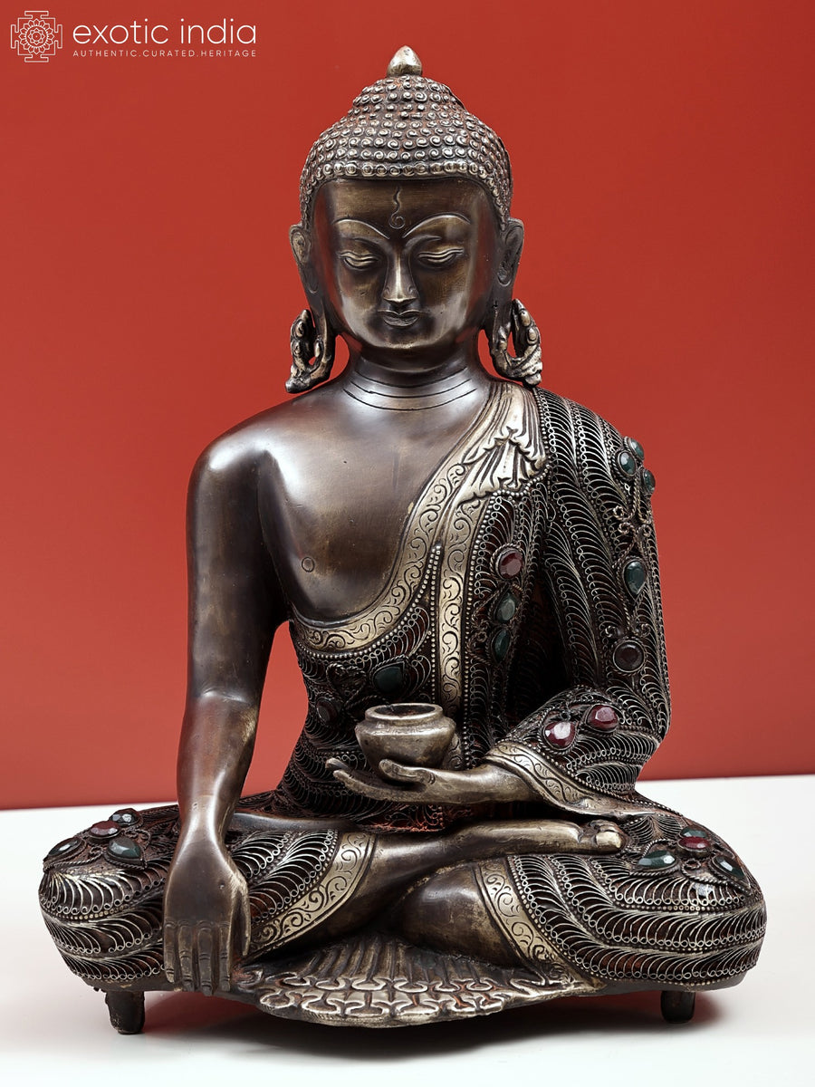 13" Bhumisparsha Buddha Brass Statue with Filigree Work