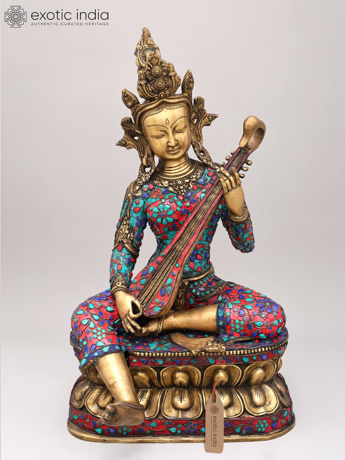 22" Nepalese Saraswati Brass Idol with Inlay Work Handcrafted