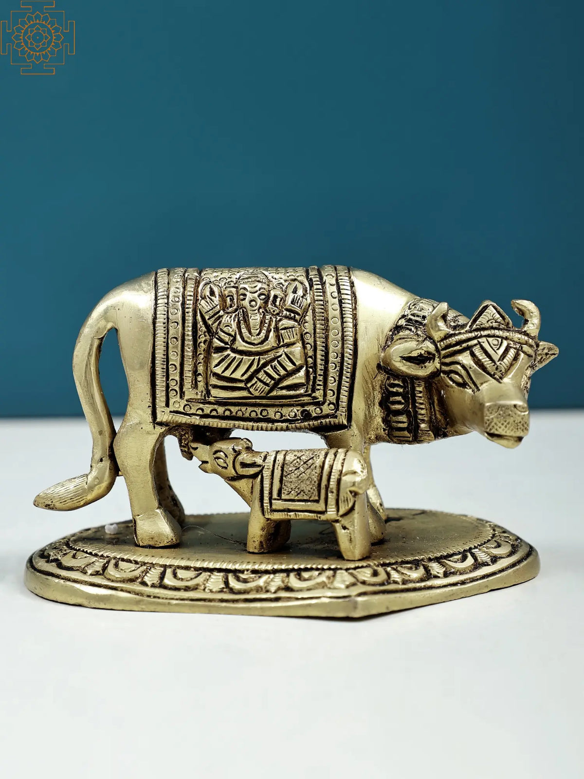 4" Holy Mother Cow with Her Calf | Handmade Brass Sculpture