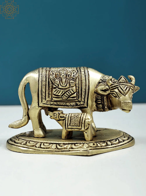 4" Holy Mother Cow with Calf Handmade Brass Statue